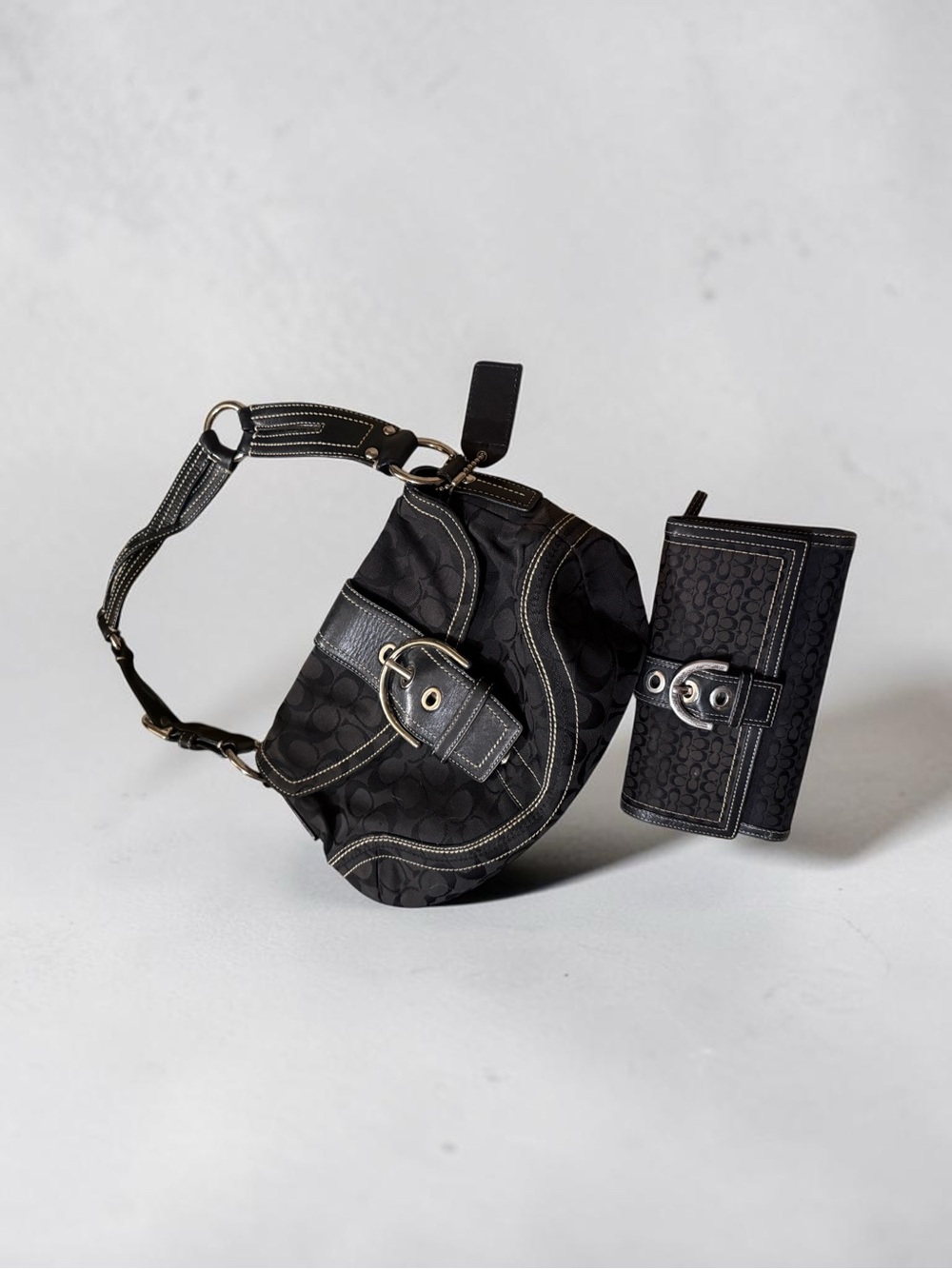 Coach Black Signature Hobo Bag and Card Holder Wallet